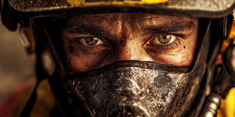 Fototapeta premium Firefighter's Courage: A firefighter dons protective gear, determination etched into their face as they prepare to face danger.