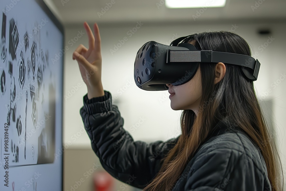 Poster a person wearing a vr headset interacts with a digital display, exploring virtual content.