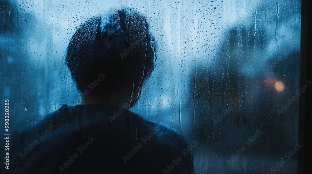 Poster a person stands alone by a window, reflecting on their thoughts as raindrops trickle down the glass,