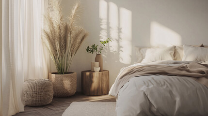 Naklejka premium Peaceful neutral bedroom featuring a single plant, simple bedding, and wooden accents with natural textures