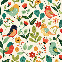 Aesthetic Birds and Floral Whimsy Vector Pattern &ndash; Bright, Cheerful Nature Illustration