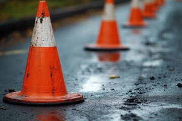 A Single Orange Traffic Cone on Wet Asphalt with Others Blurred in the Background