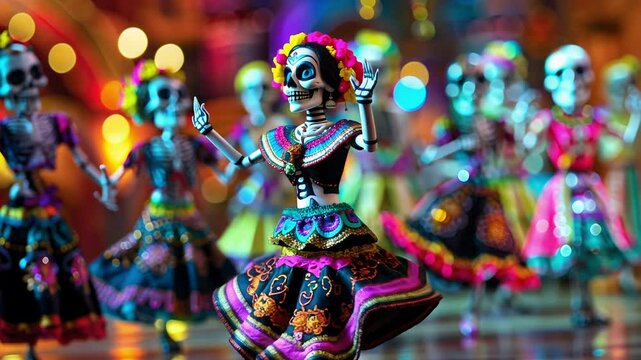 Colorful calavera figures dancing in vibrant day of the dead celebration