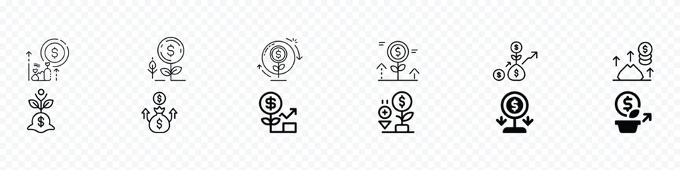 investment icon, Money savings and finance vector linear icons set. Personal finance icon set. Containing budget, savings, expense, Money set icons. Coins icons. Linear, silhouette and flat styles.