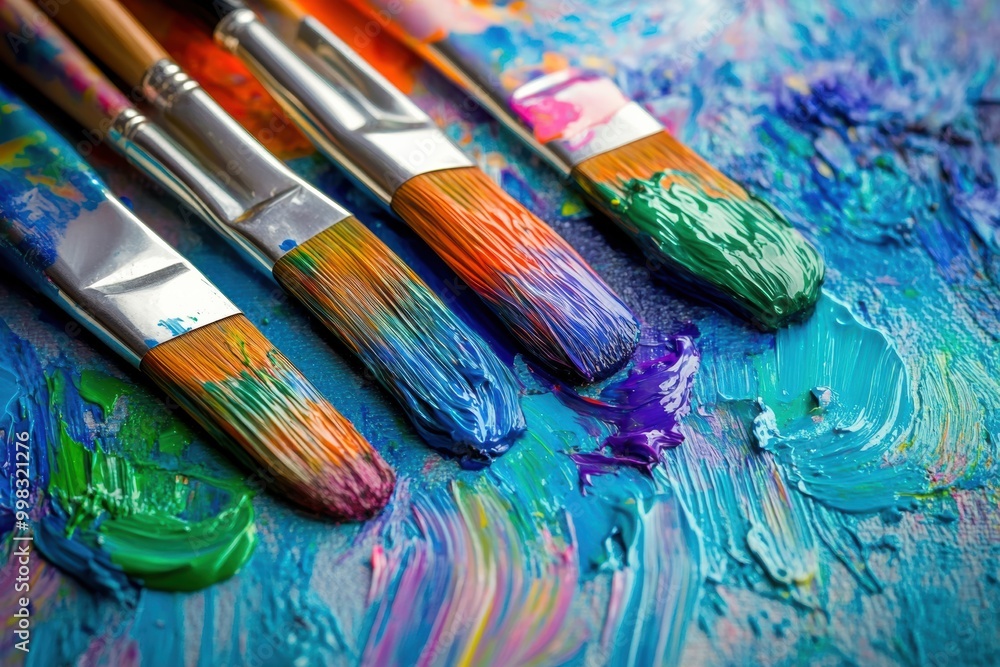 Poster bright splashes of color swirl across a canvas with paintbrushes resting on top, showcasing creativi