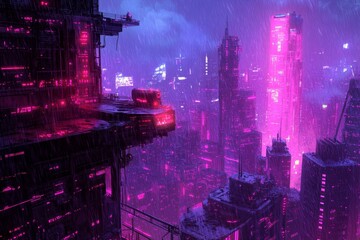 Fototapeta premium Cyberpunk Cityscape, a vibrant futuristic metropolis with neon lights, towering skyscrapers, and bustling streets filled with advanced technology