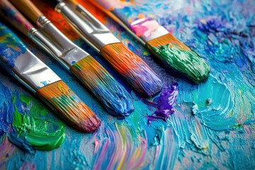 Obraz premium Bright splashes of color swirl across a canvas with paintbrushes resting on top, showcasing creativity in progress within an art studio. Generative AI