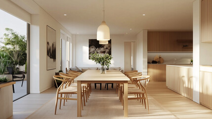 Scandinavian-inspired dining area with light wood furniture, neutral tones, and a clean, airy atmosphere. Simple pendant light overhead
