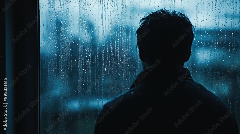 Aufkleber Raindrops trickle down the glass as a lone figure stands by the window, lost in thought during a melancholic and introspective moment. Generative AI