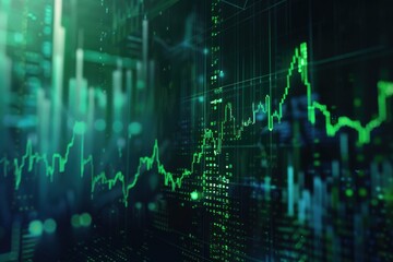 Imagine a stock market graph with green upward arrows on a high-tech background with financial indicators 