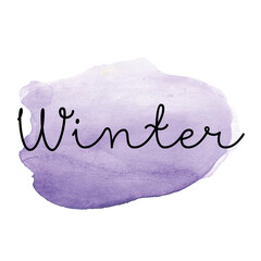 Abstract purple watercolor splash on white background with Lettering Winter, paint strokes wallpaper template cover page backdrop for digital website app design presentation mobile screen