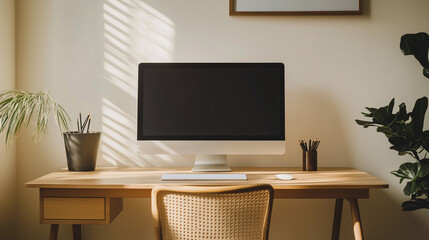 Scandinavian-inspired minimalist desk setup with light wood furniture, a minimalist chair, and a single computer monitor. The focus is on space and natural textures