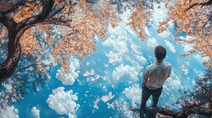 Fototapeta premium A Man Gazing Upwards at a Sky Filled with Clouds and Falling White Blossoms