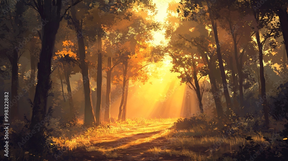 Poster a path through a forest with sunlight filtering through the trees.