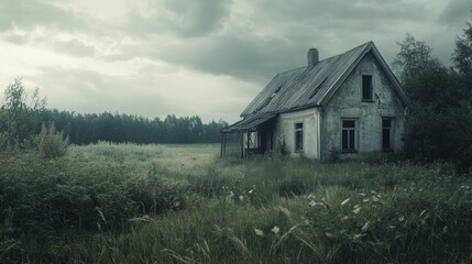 Abandoned House in a Field with Overcast Skies
