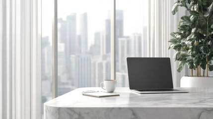 A minimalist marble desk with a laptop, notebook, and cup of coffee in a bright, airy office space with a view of the city skyline.