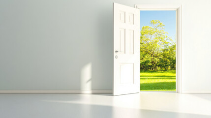 A bright open door leads to vibrant green world, symbolizing new beginnings and opportunities. sunlight streams in, creating warm and inviting atmosphere