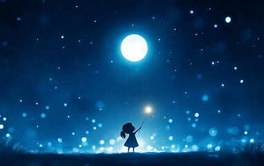 Fototapeta premium A young girl holding a magic wand under a full moon