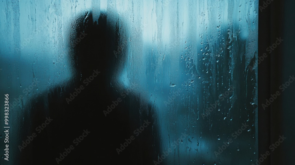 Poster a lone person stands at a window, watching raindrops trickle down the glass, lost in introspection o