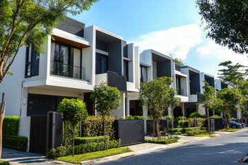 A row of modern townhouses with white walls and black window frames, surrounded by green trees, creates an elegant urban landscape