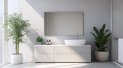 Simple bathroom with light gray walls, minimalist cabinetry, and a frameless mirror. Clean design with a focus on space and elegance