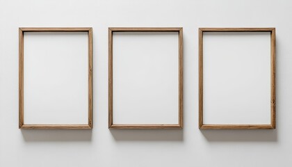 Wooden Frames Display, three elegantly arranged wooden frames showcasing various artwork, perfect for enhancing interior decor aesthetics