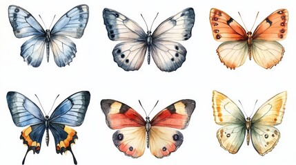 Colorful watercolor butterfly illustrations, vibrant designs, perfect for decor, art projects, or educational materials, showcasing diverse species.