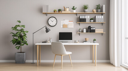 Simple home office setup with a clean white desk, sleek chair, and minimalist shelving on the wall. Neutral tones, with a few decorative elements like a clock and plant