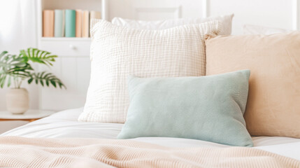 Cozy Bedroom Interior with Plush Pillows and Neutral Color Bedding
