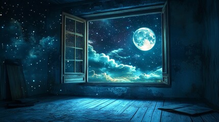 Surreal fairy tale room with whimsical decor, enchanting colors, open windows revealing a magical landscape, dreamlike atmosphere, intriguing details