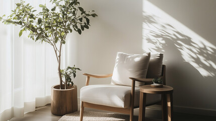 Simple, inviting reading nook with a neutral-colored armchair, a wooden side table, and a small potted plant. Clean lines and soft natural lighting