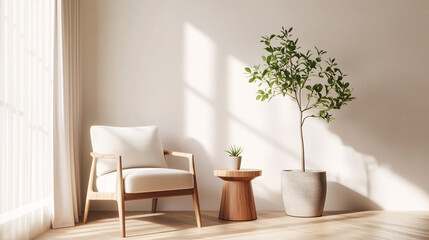 Simple, inviting reading nook with a neutral-colored armchair, a wooden side table, and a small potted plant. Clean lines and soft natural lighting