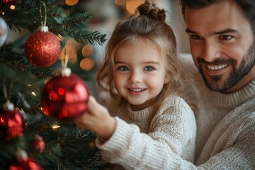 Portrait of a father and daughter decorating a Christmas tree. Christmas concept. Happy family decorating christmas tree