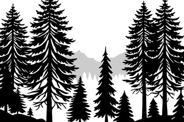 Naklejka premium Majestic Silhouetted Pine Trees Against Mountain Backdrop