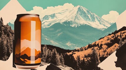 A colorful beer can set against a scenic mountain backdrop, blending nature with modern design.