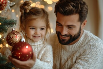 Portrait of a father and daughter decorating a Christmas tree. Christmas concept. Happy family decorating christmas tree