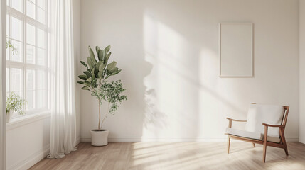 Simple Scandinavian living room setup with white walls, wooden flooring, a potted plant in the corner, and minimal decor