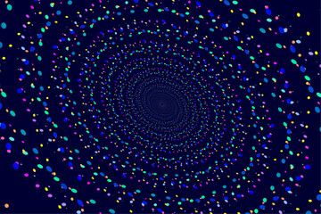 Abstract weve shiny blurry focus concentric spiral doteed lines light sparkle dust optical background Multi color halftone dotted lines circle pattern, vector design