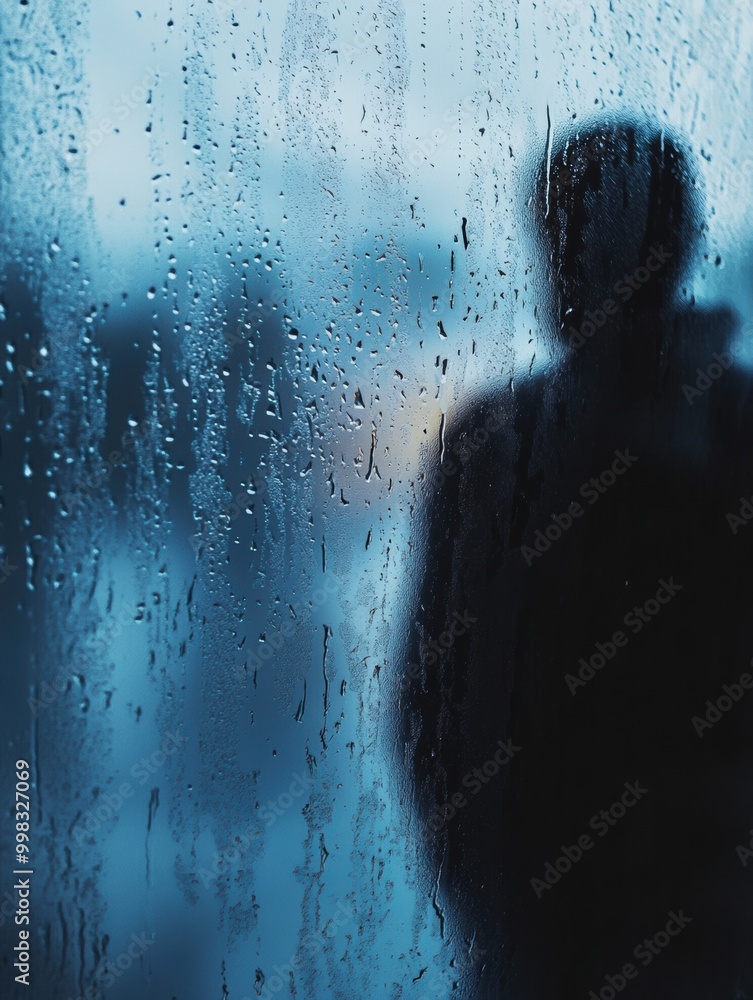 Poster A lone individual stands by a rain-covered window, deep in thought as raindrops create a soft, melancholic atmosphere. Generative AI