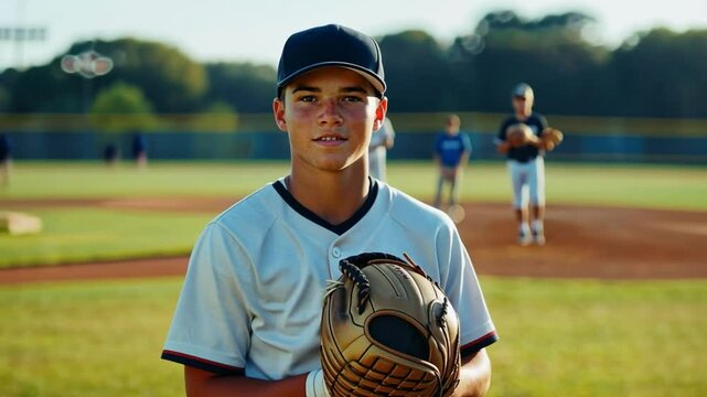 Focused young baseball player preparing to pitch on a sunny day