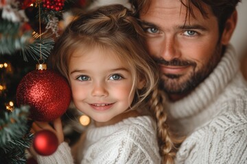 Portrait of a father and daughter decorating a Christmas tree. Christmas concept. Happy family decorating christmas tree
