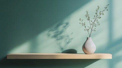 Single light wooden floating shelf on a matte green wall, holding a small modern vase with clean lines and soft lighting