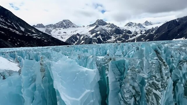 Cinematic aerial footage revealing stunning icy frozen permafrost glacier slopes alpine mountains featuring deep cracks sharp ice tops set backdrop clouds exploring es climate change global warming