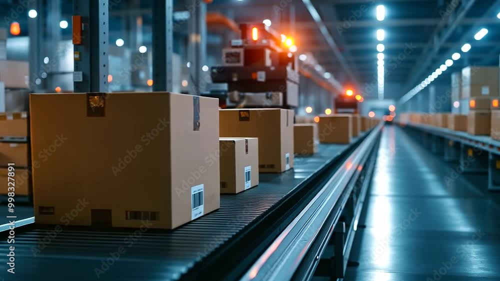 Poster a series of cardboard boxes traveling down a conveyor belt, with an automated packing machine poised