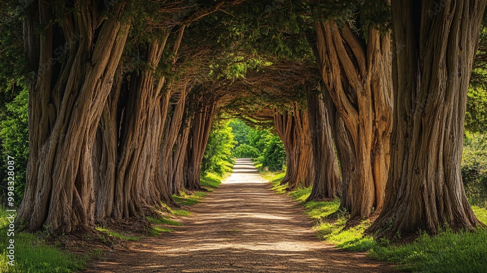 Poster a path through a tunnel of trees with dappled sunlight illuminating the way.