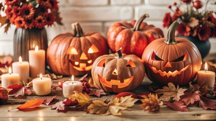 Halloween setup with carved pumpkins, candles, and colorful autumn leaves creating a warm, spooky atmosphere.