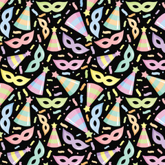 Naklejka premium party doodles, colorful doodle with party hats and masks in a festive pattern, creating a fun and lively celebration vibe.