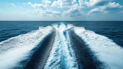 A speedboat cutting through the sea, creating a large wake behind it, with the open ocean stretching out to the horizon.