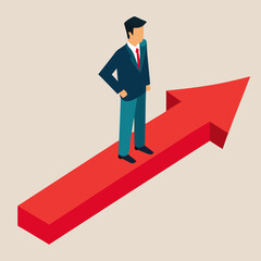 Flat 3d isometric businessman standing on red arrow in leader position 