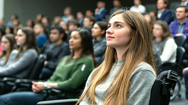 A young woman in a wheelchair attending a seminar in a large auditorium, surrounded by engaged students, with a professor speaking at the front of the room